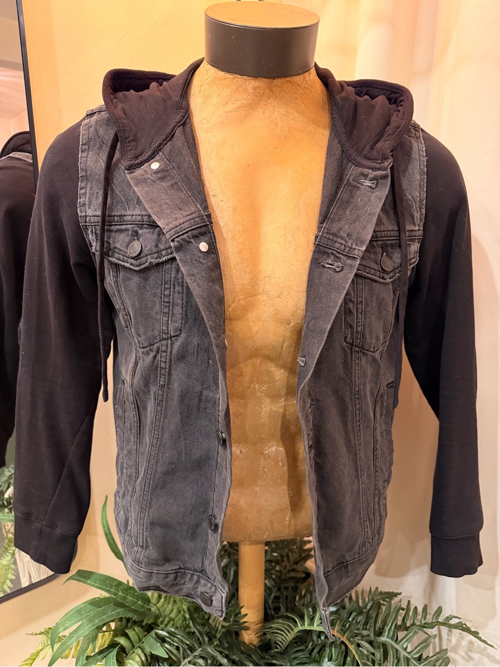H&M Black Hooded Jacket with Gray Denim-Style Back